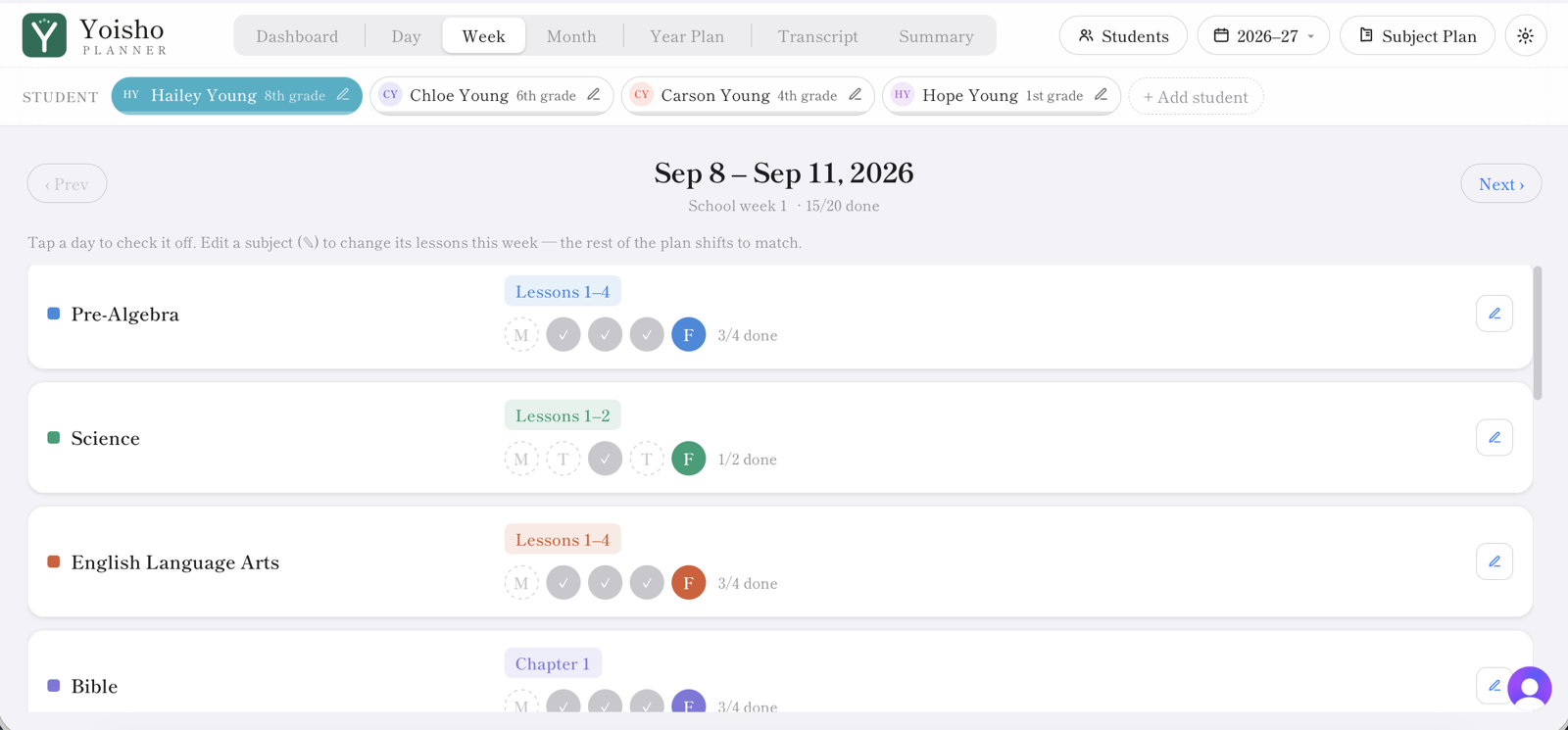 Week view — Yoisho Planner